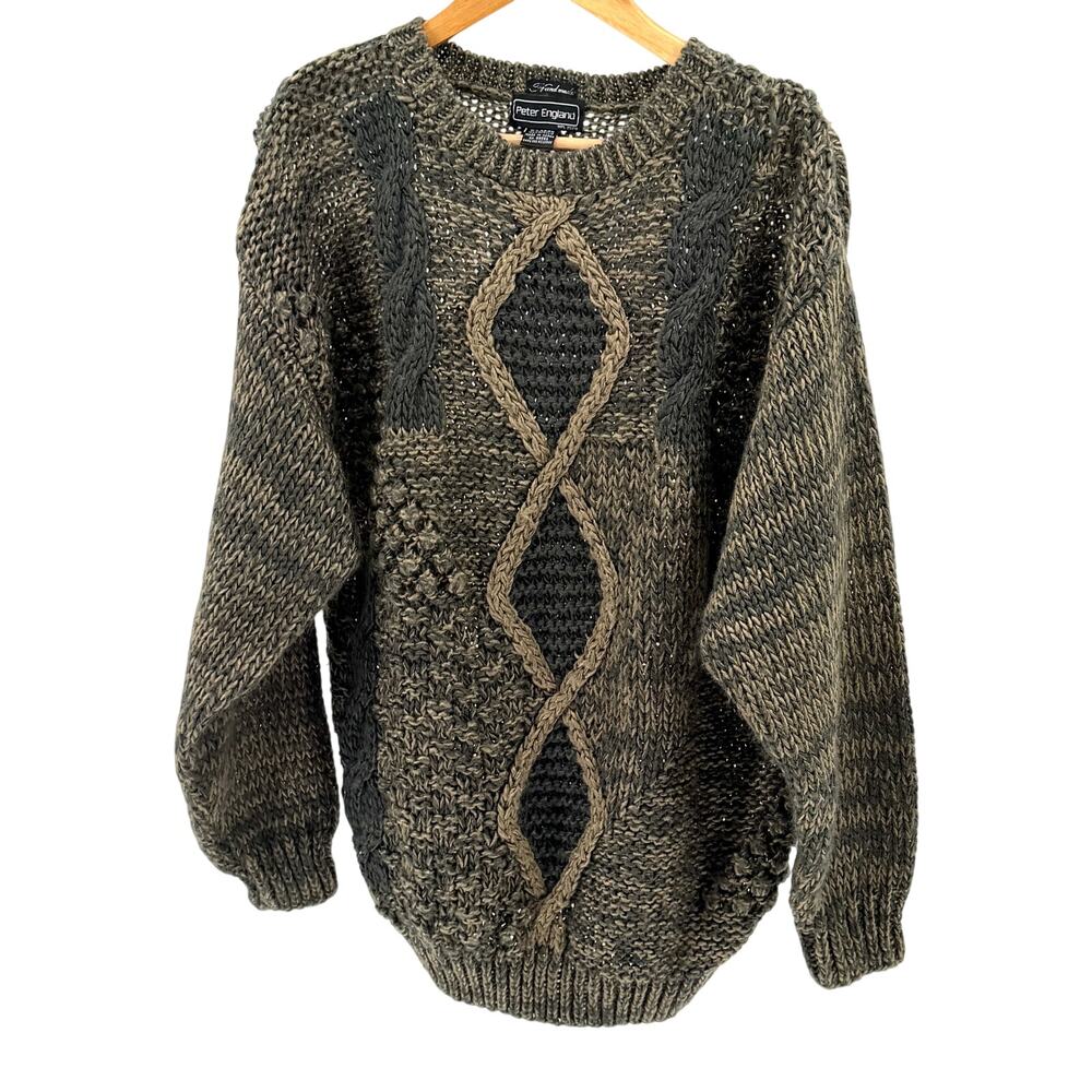 Vintage 90s Peter England Black Brown Textured Cable Knit Handmade Sweater